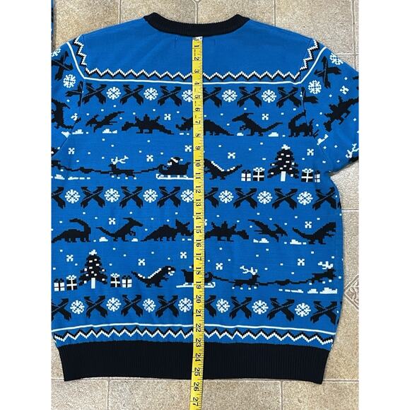 Excision Christmas Sweater Blue Pixelated Pattern Dinosaurs Men’s Size Large EUC - Picture 6 of 10